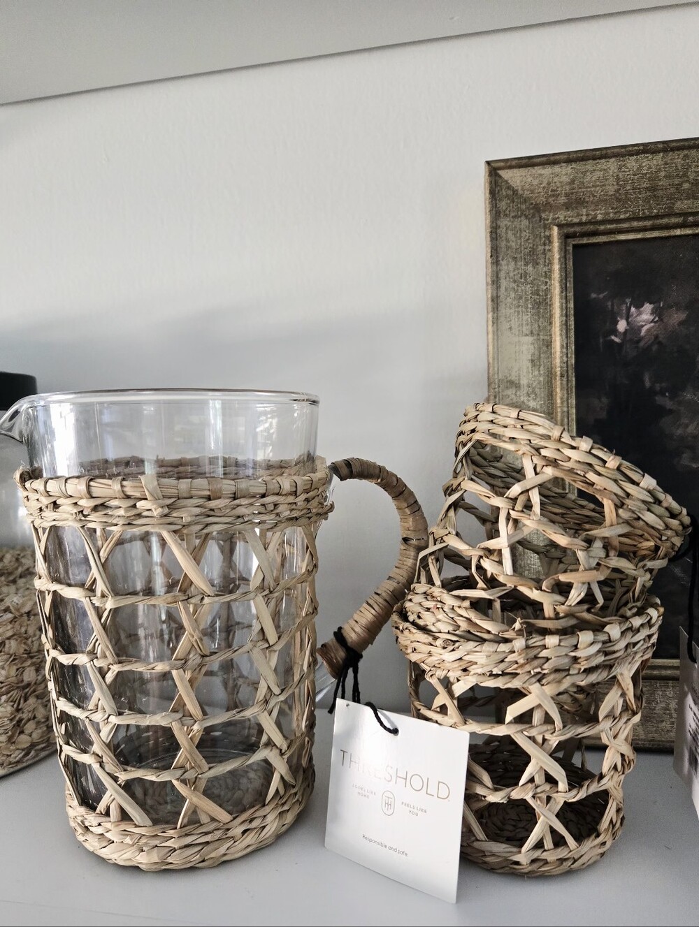 Threshold 43.95oz Woven Beverage Pitcher & 16.9oz Woven Rattan Glass Holders.